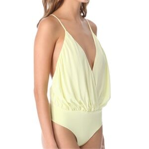 Alice + Olivia Ballerina Silk Surplice Thong Bodysuit Yellow Sz S